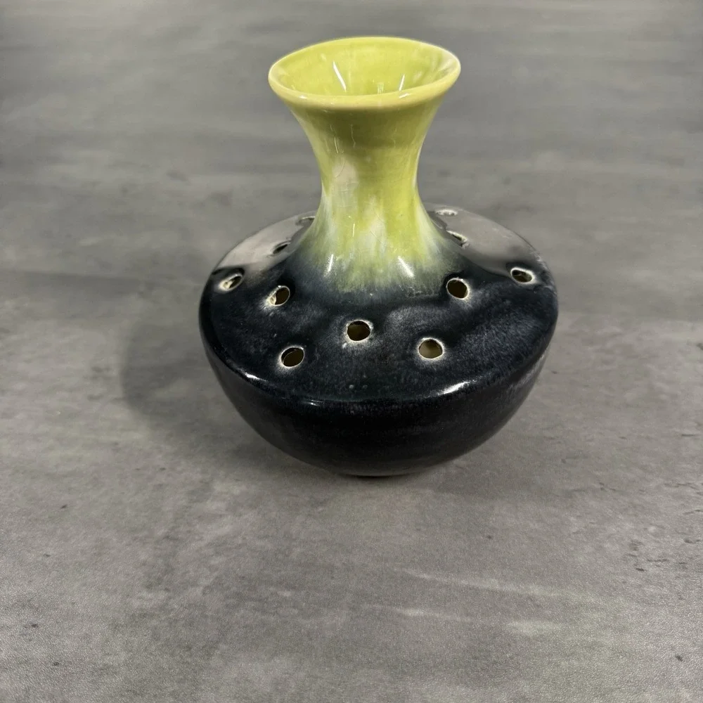 Art‎ Pottery Frog Vase with Stem Holes Glazed Green Black